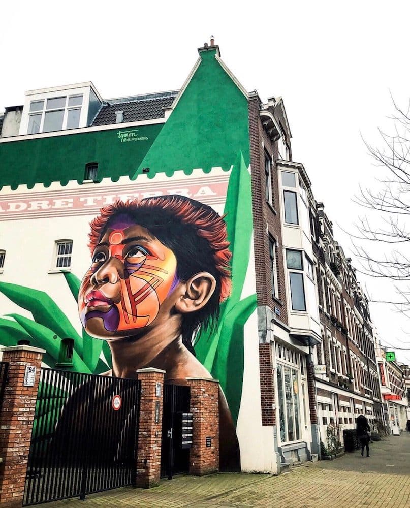 Muurschildering Madre Tierra van Tymon de Laat op een gevel in Rotterdam: een portret van een kind met beschilderd gezicht tegen een groene achtergrond met bladeren